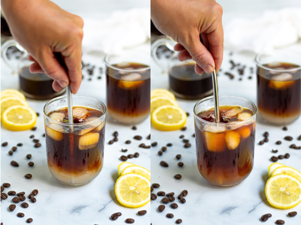 two photos showing the lemonade and coffee being stirred together with a straw