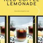 Pinterest Pin showing a photo of a glass of coffee lemonade where lemonade in layered on the bottom and cold brew coffee on top
