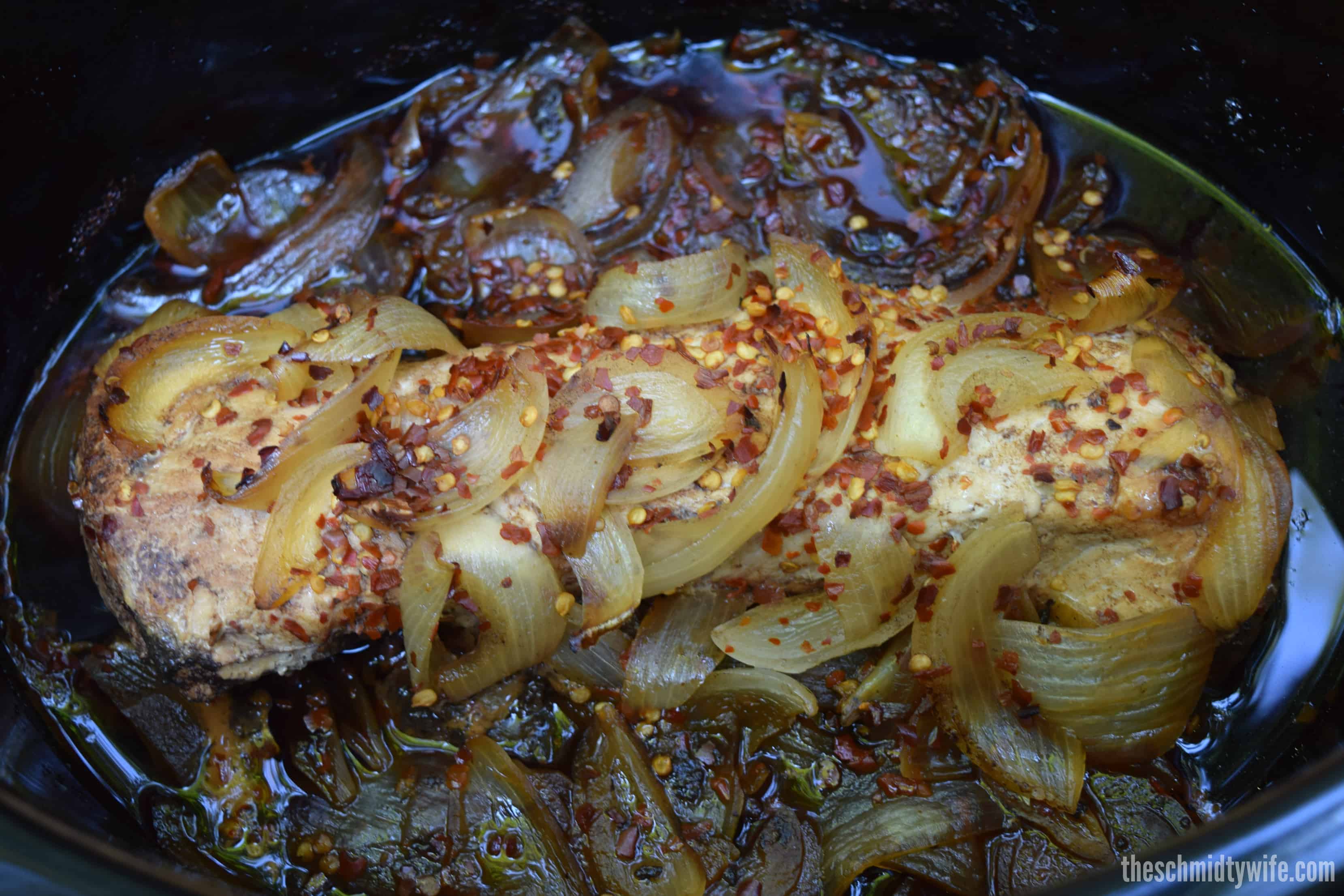 Finished Spicy Balsamic Pork Loin in the crockpot