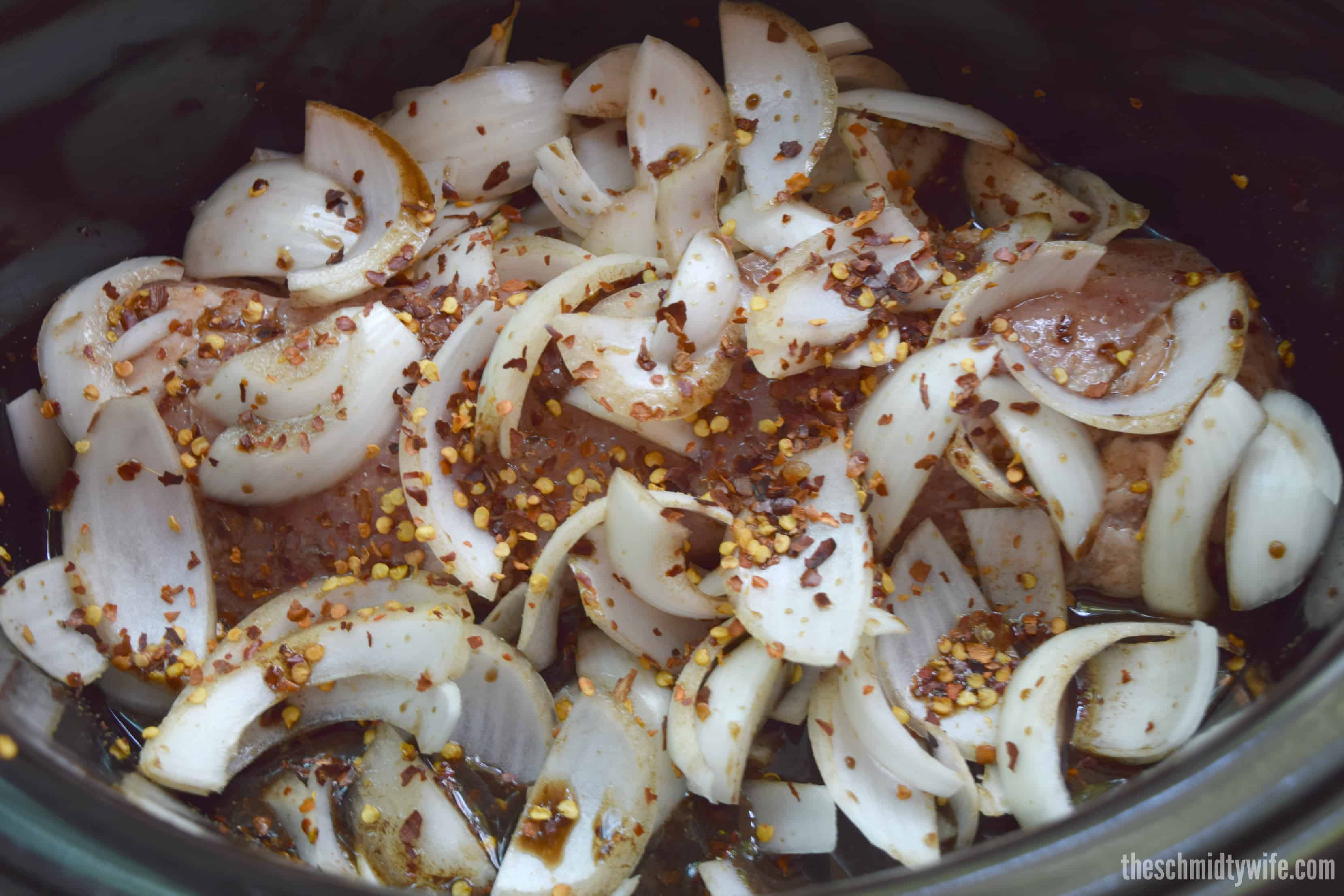 Ingredients in the slow cooker for Spicy Balsamic Pork Loin