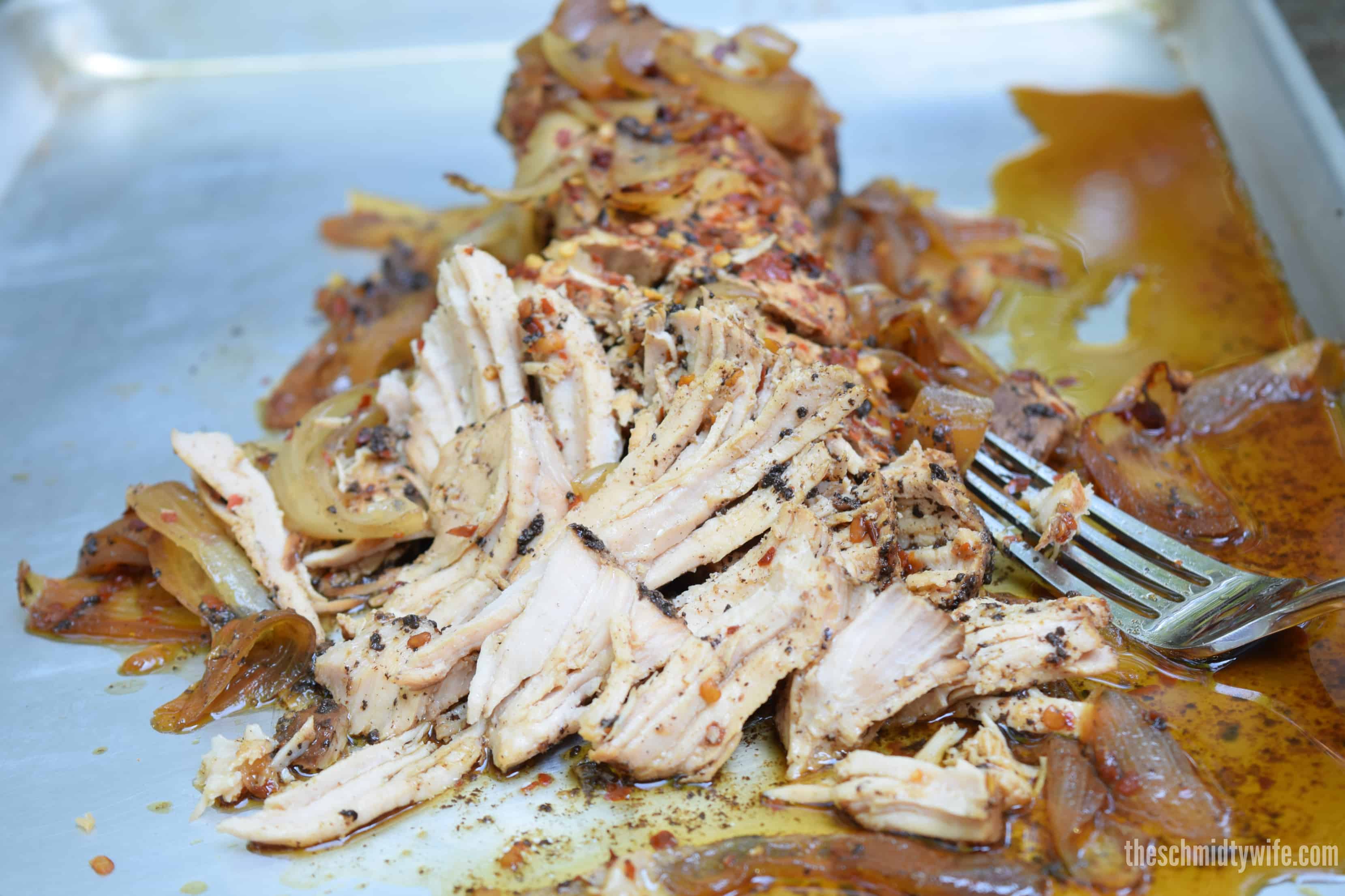 shredded pork loin on the sheet tray