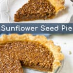 picture of the sunflower seed pie and a slice of sunflower pie