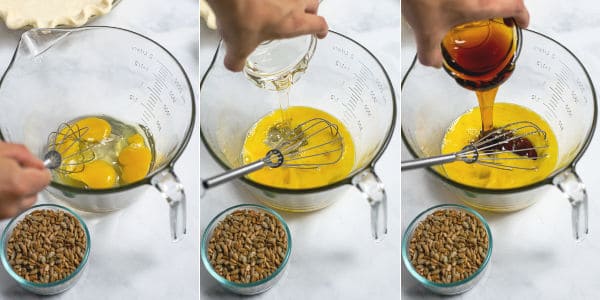 steps of mixing eggs, adding corn syrups to the bowl