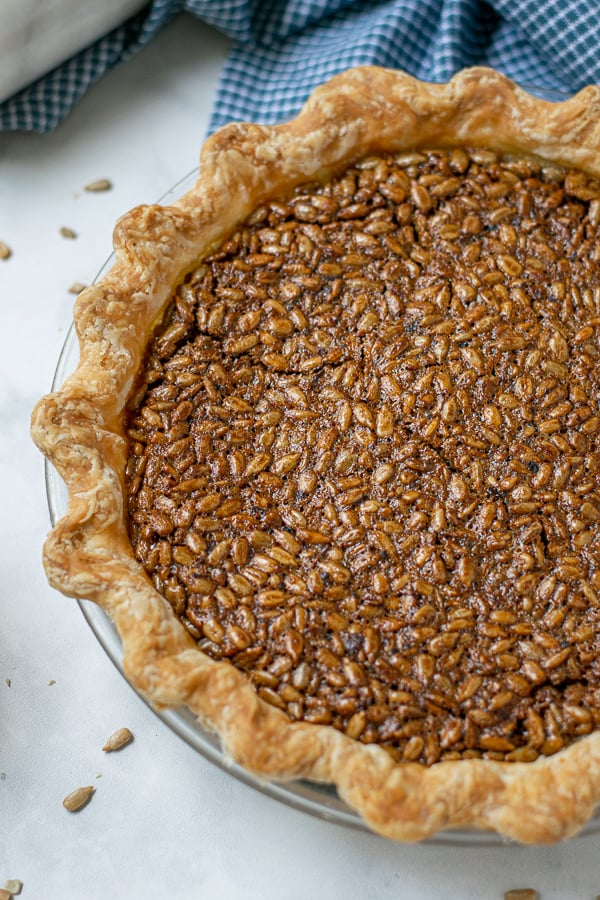overhead view of a baked sunflower seed pie