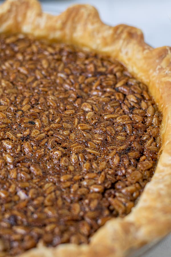 close up of the sunflower seeds baked into the pie