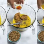 showing steps of adding sugar, vanilla, and butter to the filling mixture