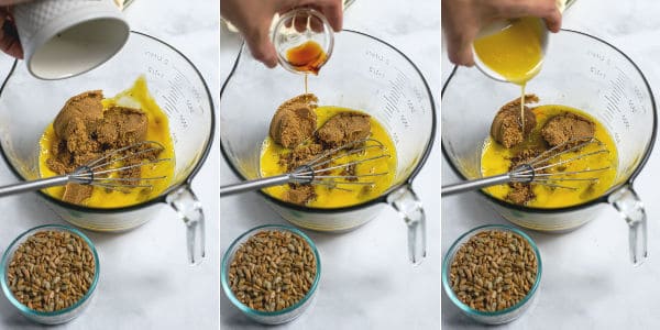 showing steps of adding sugar, vanilla, and butter to the filling mixture