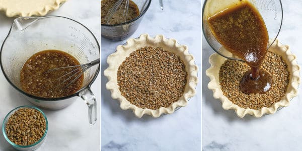 showing steps of mixing the filling together, adding the seeds to the pie and pouring the filing overtop