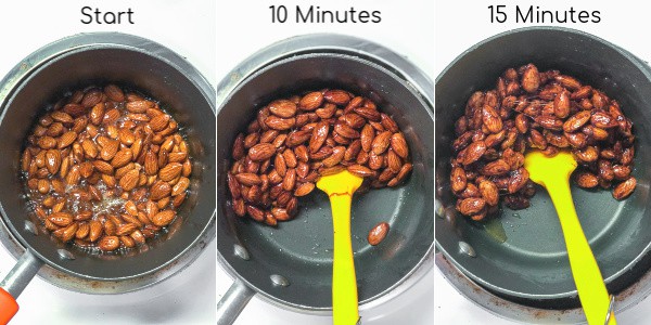 processes shot of the different times throughout cooking the almonds on the stovetop