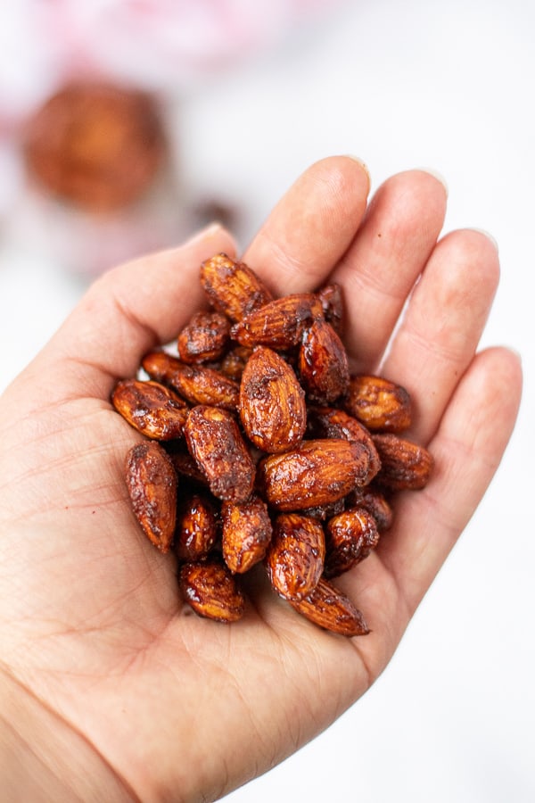 fresh candied almonds in a hand