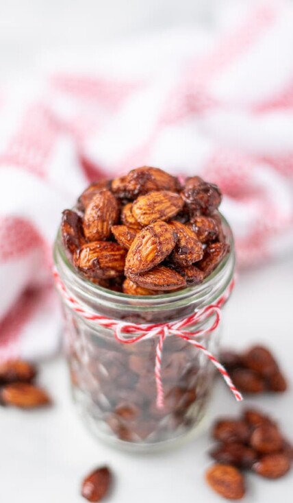almonds in a jar with a red bow