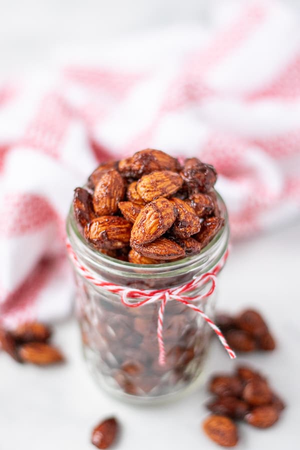 almonds in a jar with a red bow