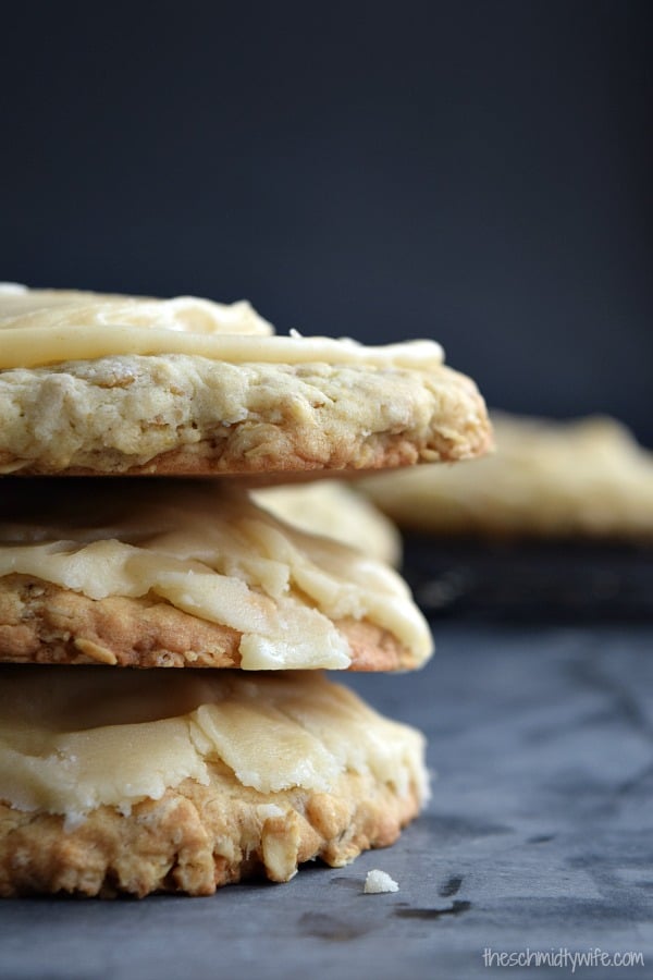 Oatmeal Triblys stacked up in front of a black background