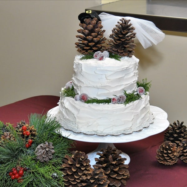 white wedding cake with sugared cranberries and pinecones