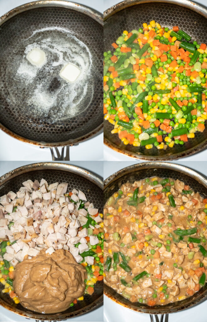 A collage showing making the filling from leftover turkey on the stovetop.