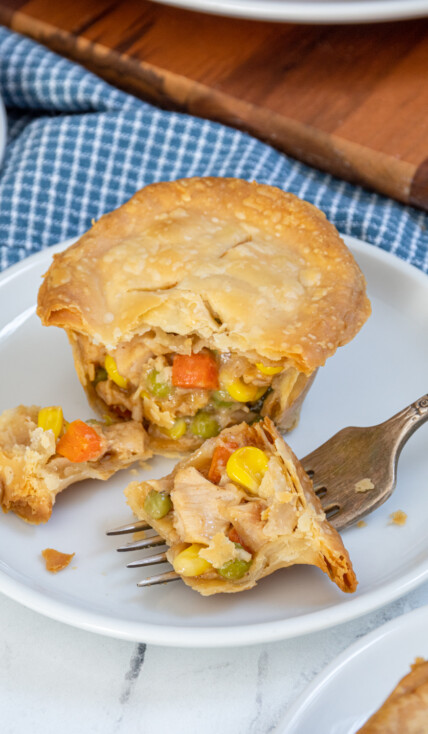 A fork with a bite of a mini leftover turkey pot pie on a small white plate.