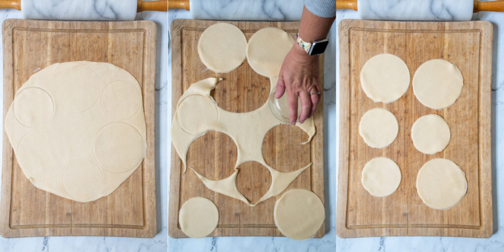 Collage showing the steps of cutting out circles from the pie dough to make mini pot pies.