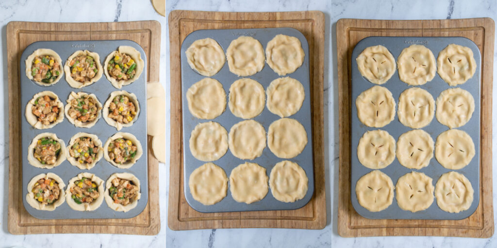 Collage showing the filling in the mini pot pies, the tops on, and slits in the pies to be ready to be cooked.