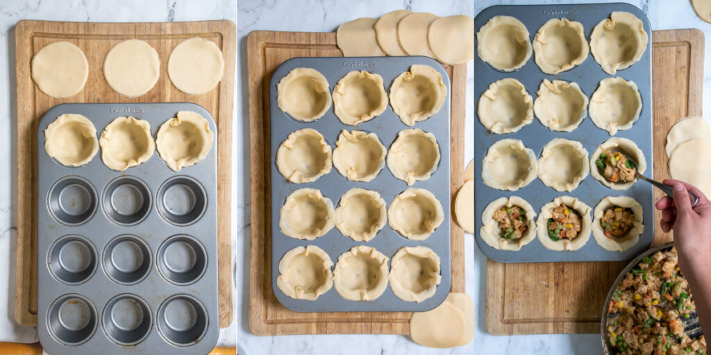 Collage showing the steps of placing the pie dough into muffin tins and filling the tin with pie filling.