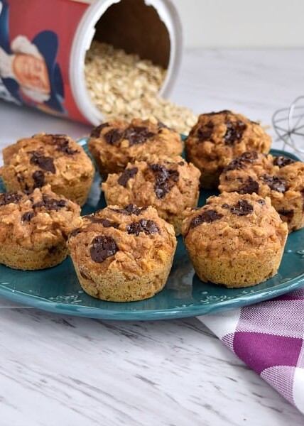 Healthy Sweet Potato Oatmeal Muffins on a blue plate with a purple napkin
