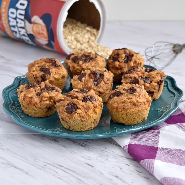 Healthy Sweet Potato Oatmeal Muffins on a blue plate with a purple napkin