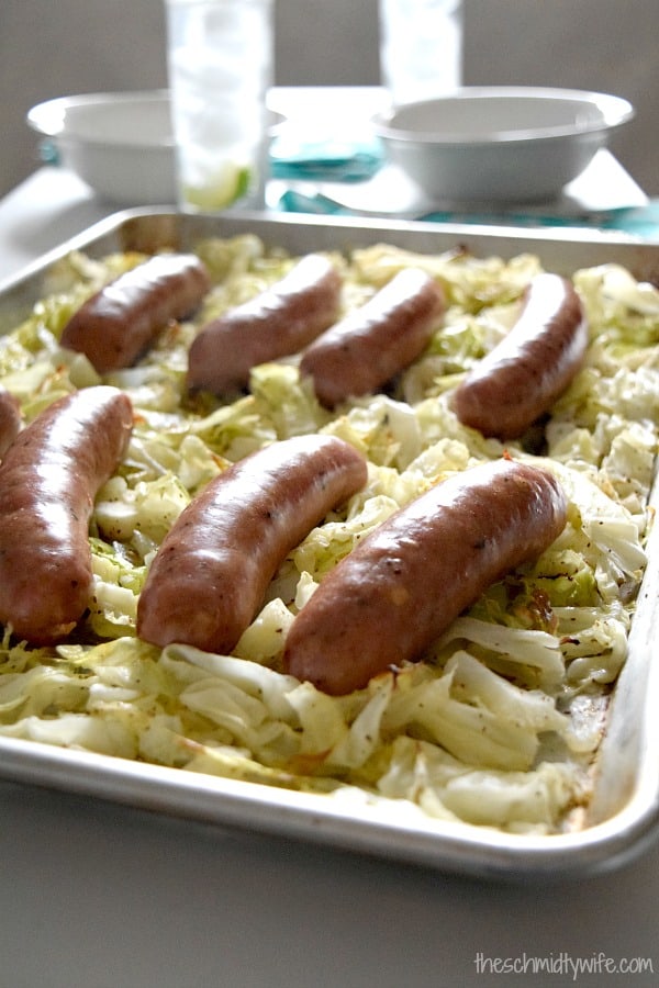 Whole 30 Roasted Cabbage with Chicken Sausage on a sheet pan