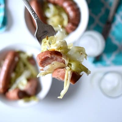 Roasted Cabbage and Chicken Sausage on a fork