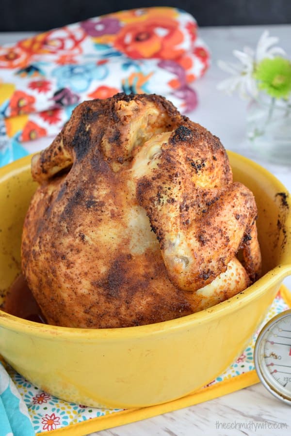 beer can chicken in a yellow roasting can