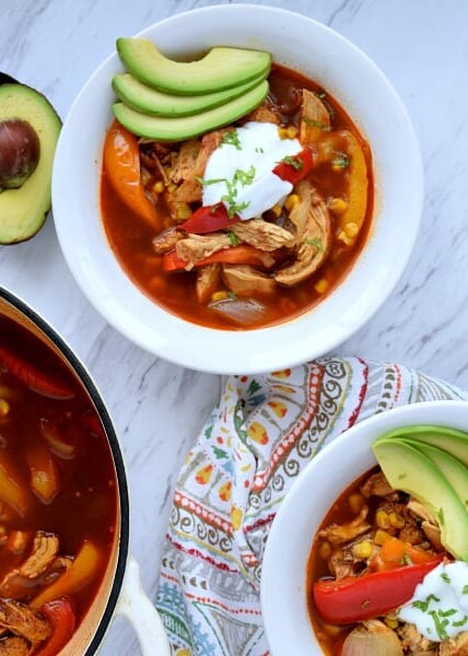 2 bowls and a pot of Chicken Fajita Soup