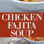 A bowl of Chicken Fajita Soup with pepper, onions, and chicken