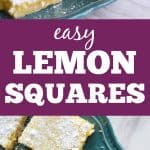 lemon squares on a teal plate covered in powdered sugar