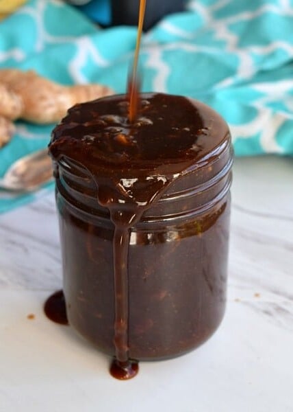 Homemade Teriyaki Sauce drizzled into a jar