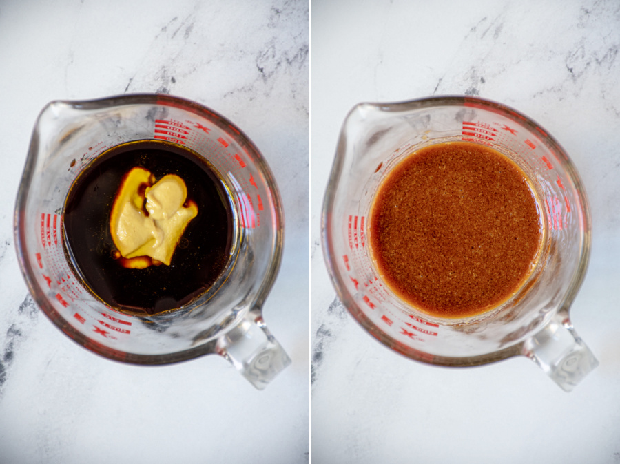 Collage showing balsamic dressing before and after being whisked together.