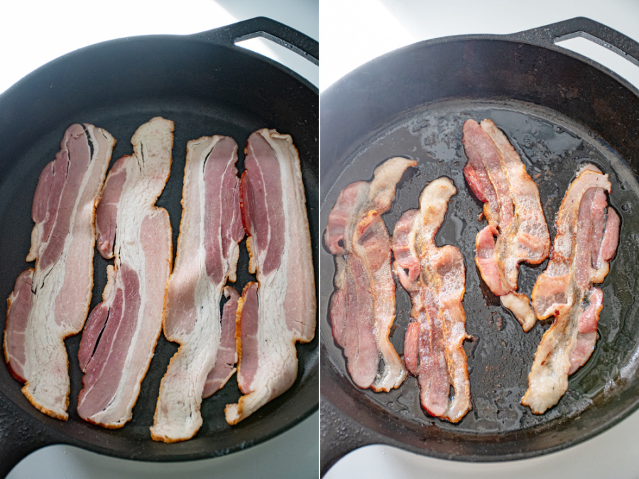 Collage showing before and after of bacon being cooked on a large skillet.