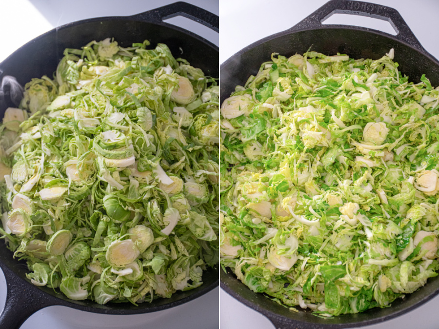 Collage showing before and after of shaved brussel sprouts being cooking in a large skillet.