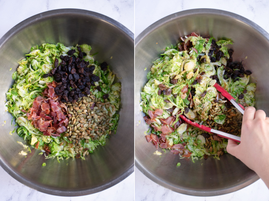 Before and after of the ingredients for Balsamic Brussel Sprout Salad in a bowl before being tossed and being tossed.