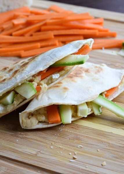 Close up of a Hummus Quesadilla with Feta and Vegetables