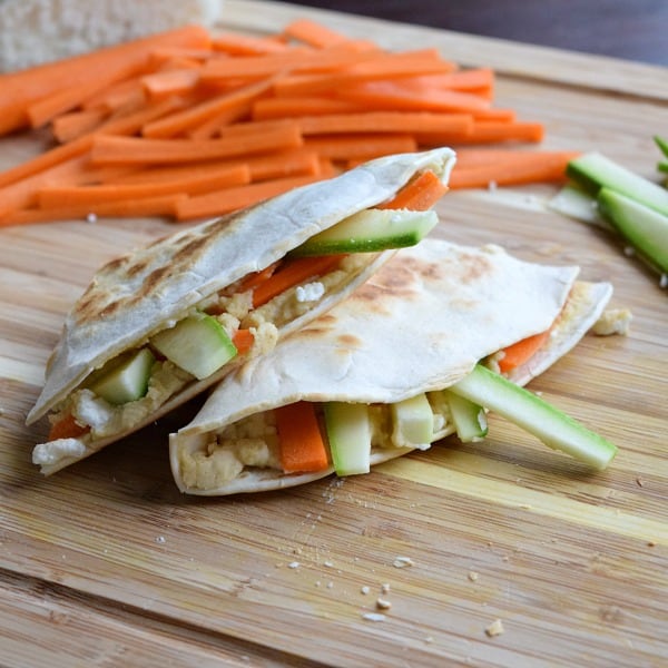 Close up of a Hummus Quesadilla with Feta and Vegetables