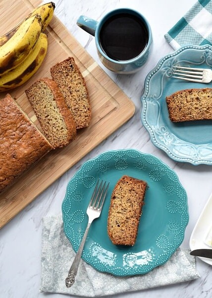 Great Grandma's Banana Bread on two blue plates