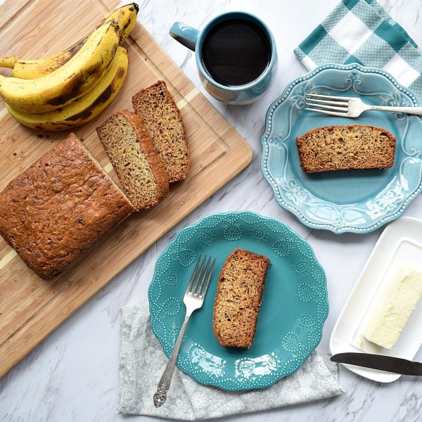 Great Grandma's Banana Bread on two blue plates