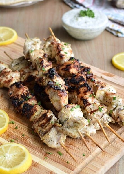 Grilled Greek Chicken Kabobs on skewers