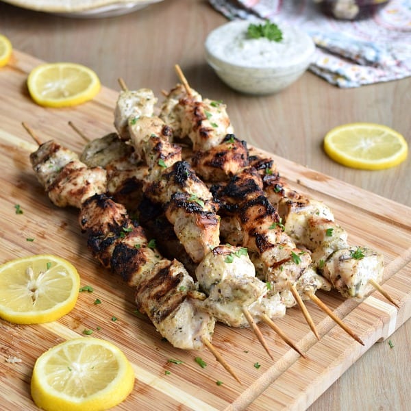 Grilled Greek Chicken Kabobs on skewers