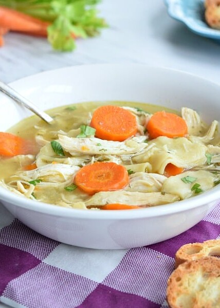 Homestyle Crockpot Chicken Noodle Soup in a white bowl