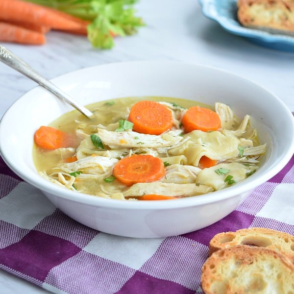 Homestyle Crockpot Chicken Noodle Soup in a white bowl
