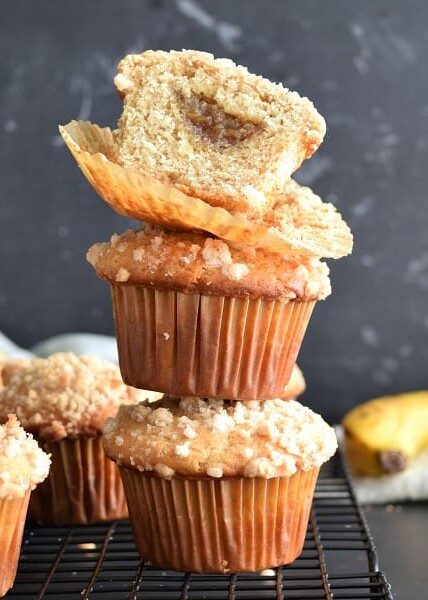 stack of 3 Banana Foster Filled Banana Muffins