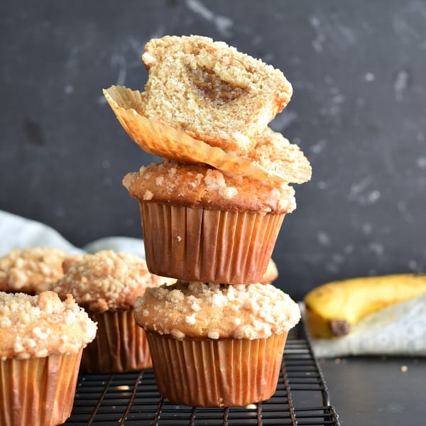 stack of 3 Banana Foster Filled Banana Muffins