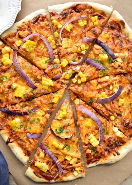 overhead shot of BBQ Chicken Pizza but into 8 slices