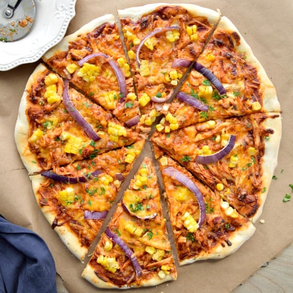 overhead shot of BBQ Chicken Pizza but into 8 slices