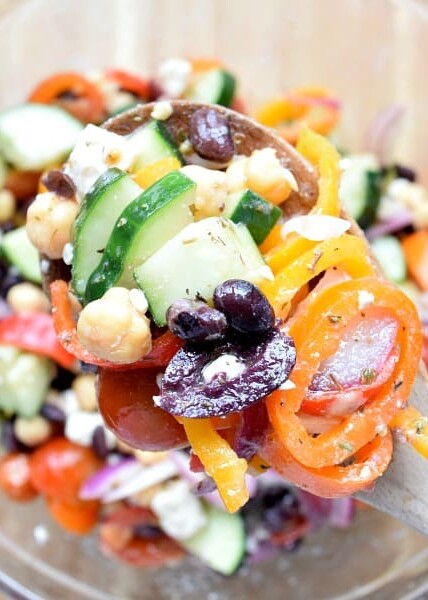 Two Bean Mediterranean Salad up close on a spoon