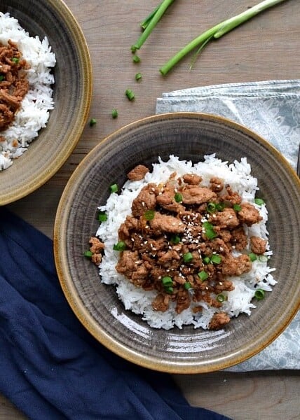 overhead view of two bowls of Korean Turkey over rice
